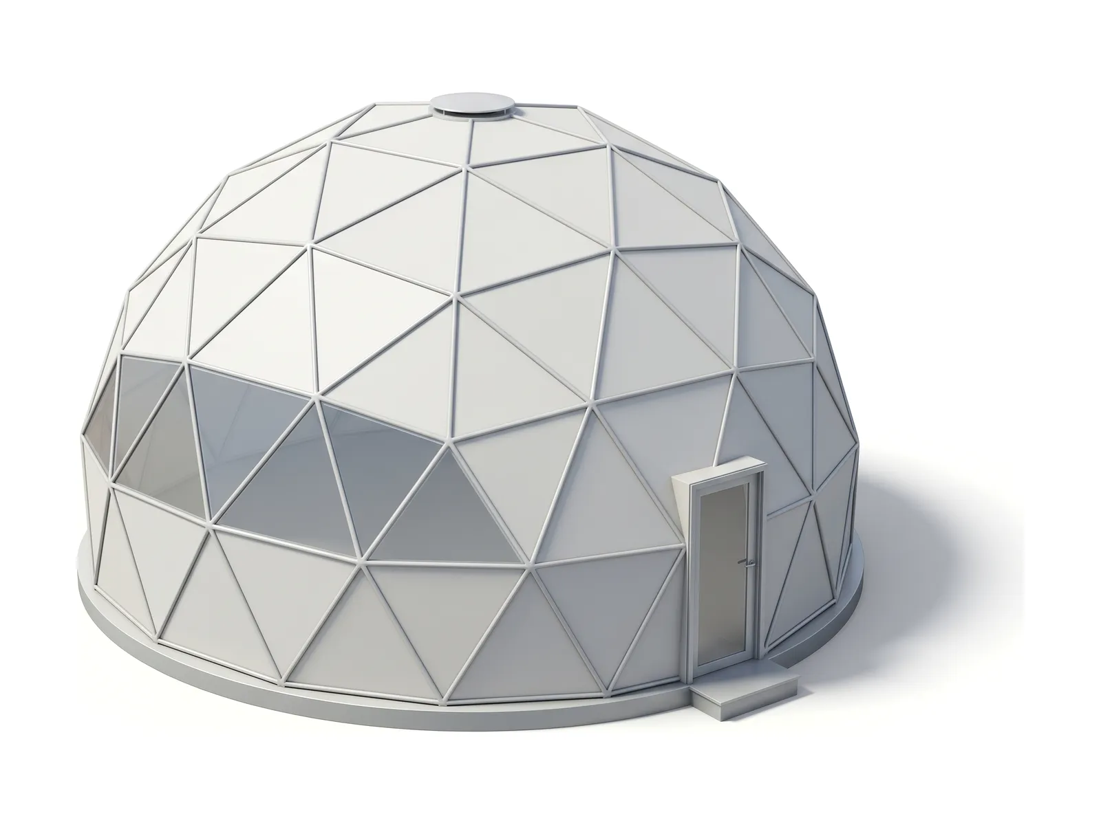 Domo geodésico de glamping con estructura triangulada, ventanal panorámico y puerta de acceso, montado sobre plataforma circular