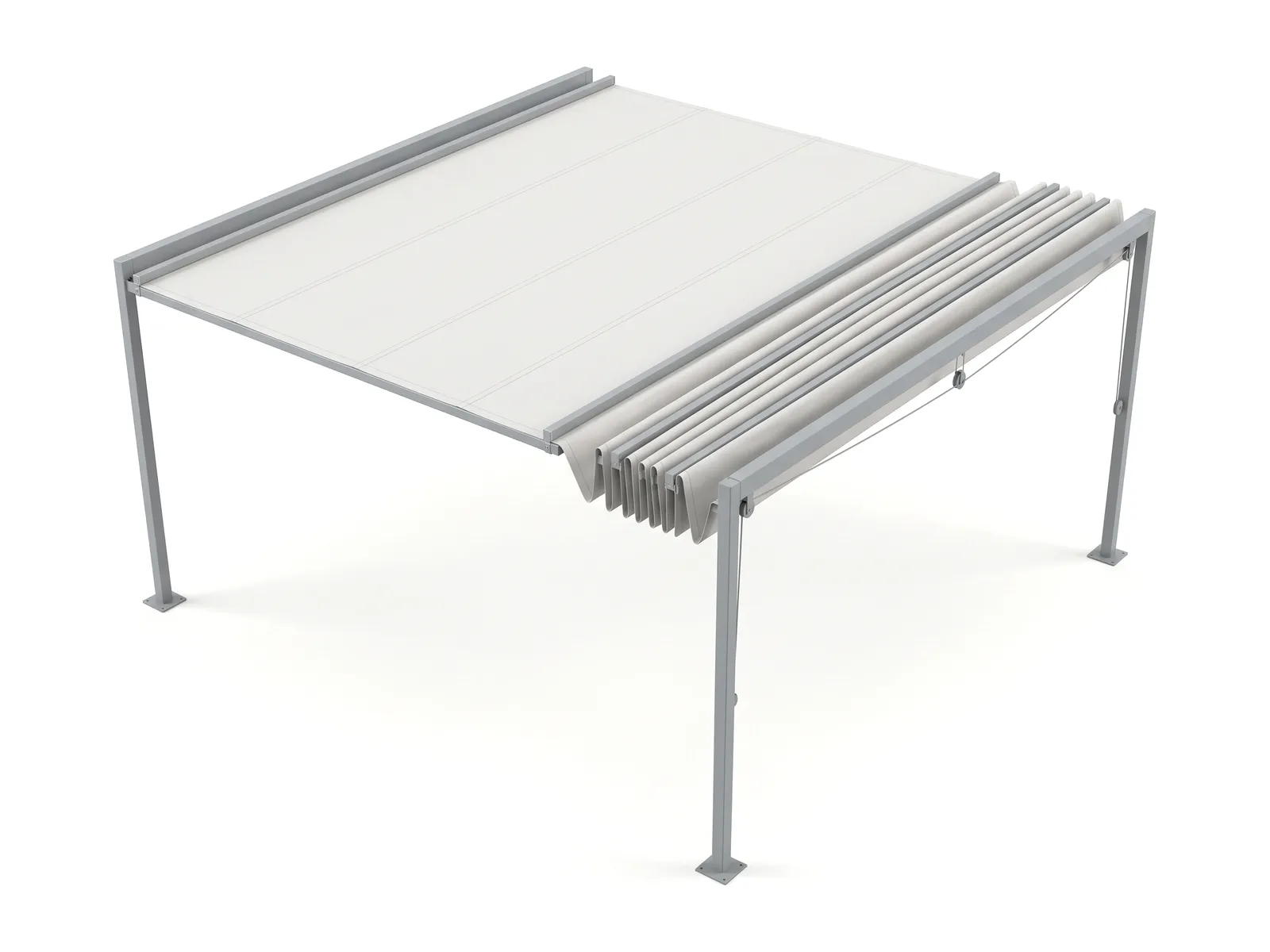 Toldo tipo palillera: techo plano entre dos rieles laterales sobre columnas, con la lona estirada en dos tercios del recorrido y recogida en pliegues en el resto